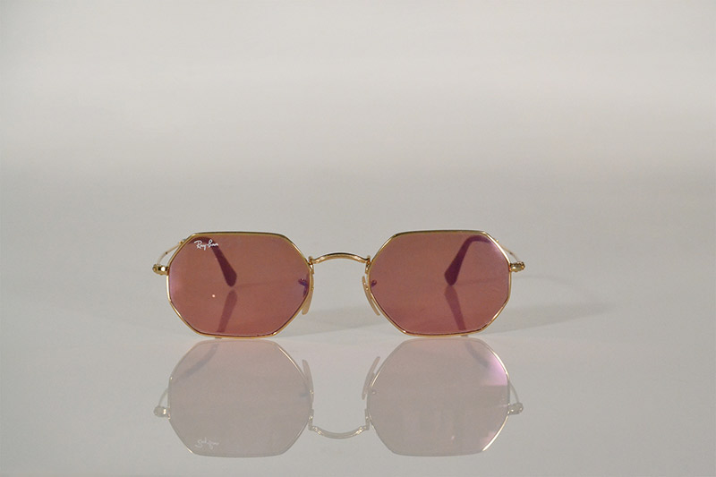 Sunglasses: Gold geometric with metallic pink lenses, R2 290, Ray Ban at Sunglass Hut 