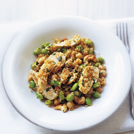 Quinoa salad with chickpeas, soybeans and poached chicken recipe