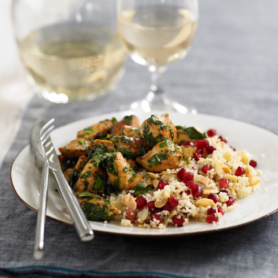 Coriander chicken with pomegranate and almond couscous recipe