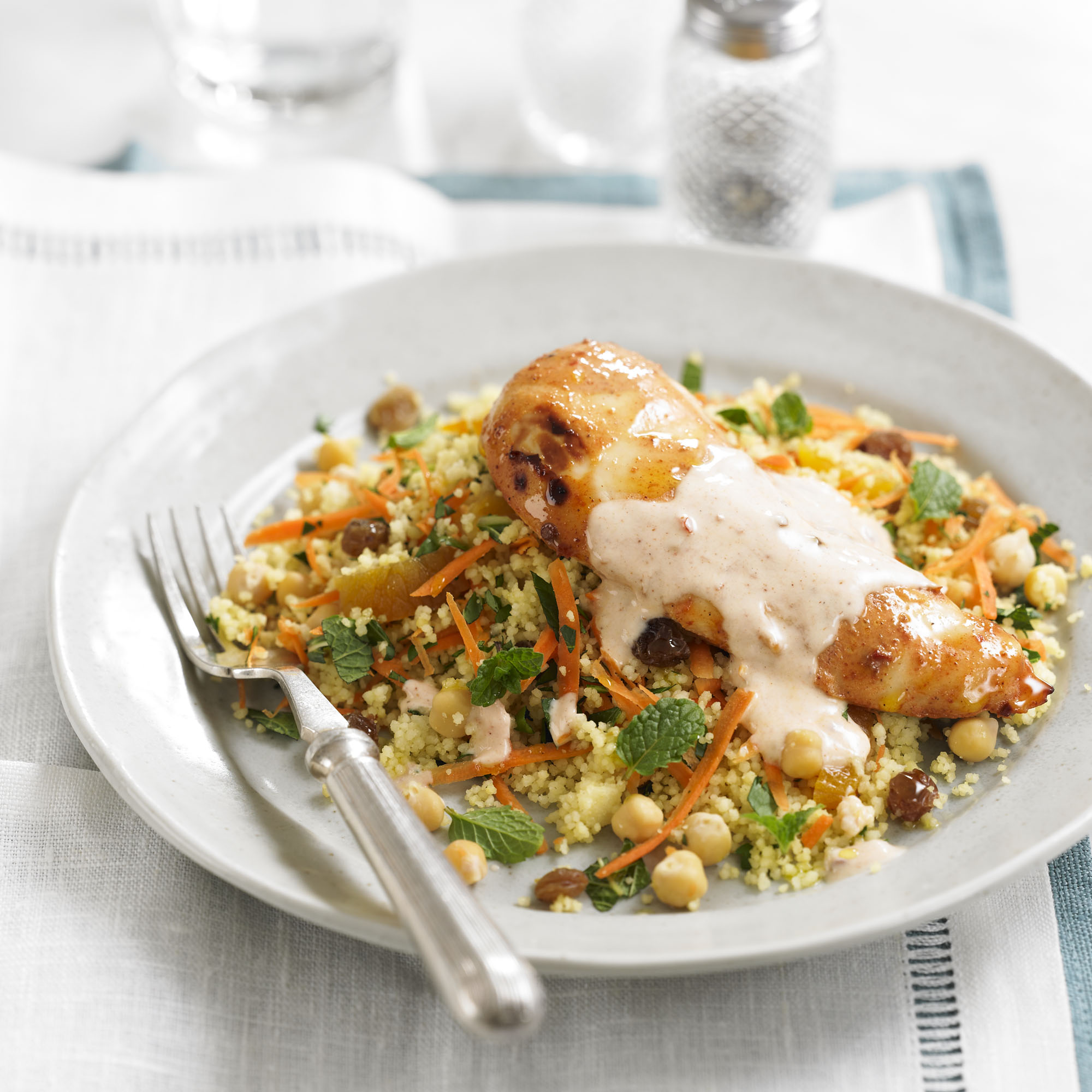 Spiced chicken with fruity couscous & yoghurt dressing recipe