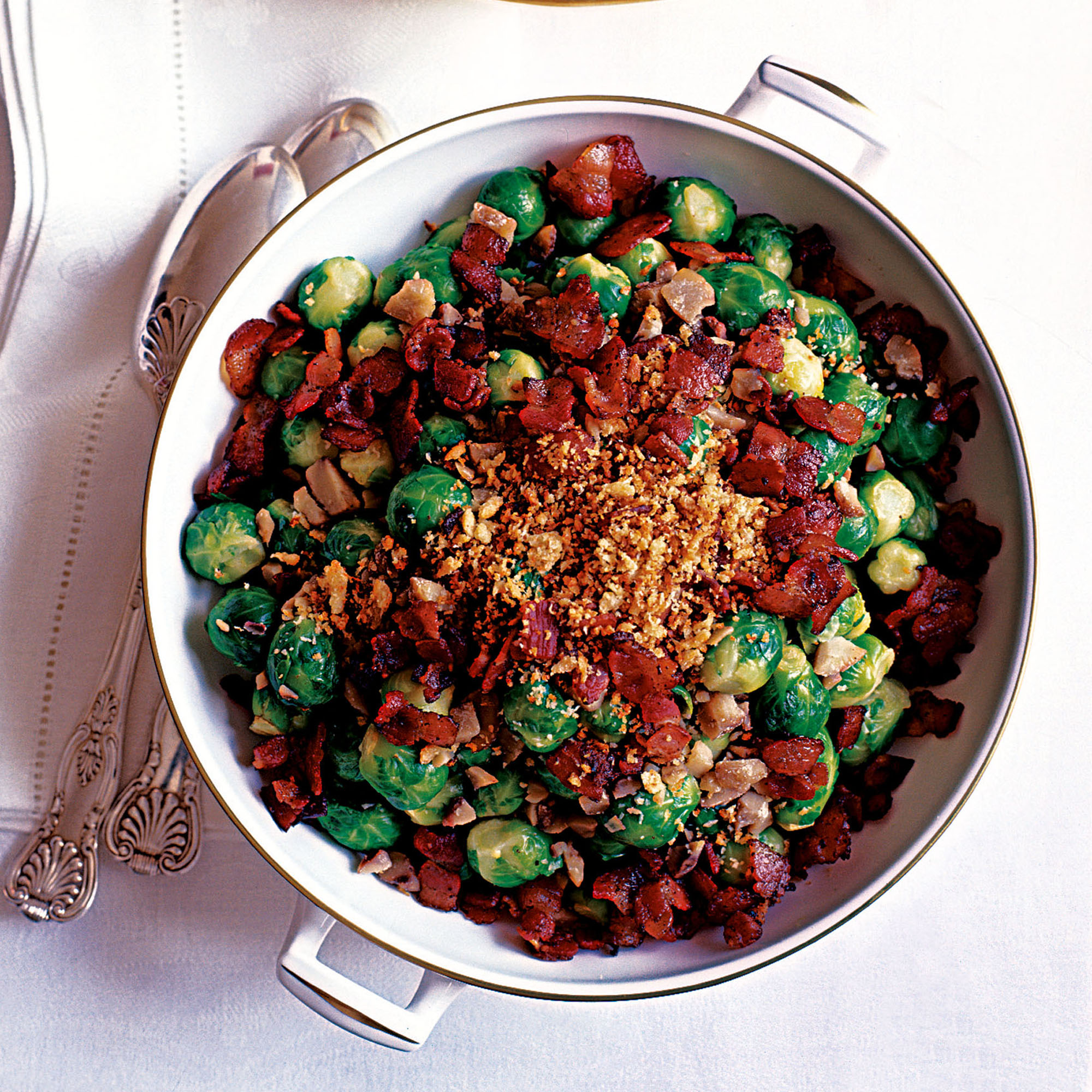 Sprouts With Crunchy Bacon, Chestnuts And Buttered Garlic Crumbs Recipe