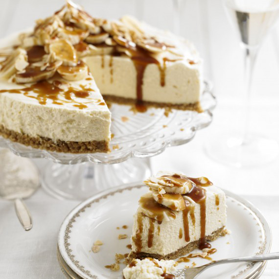 Mascarpone Cheesecake with Bananas and Butterscotch Sauce
