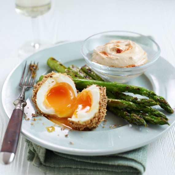 Dukkah eggs with griddled asparagus and houmous dip