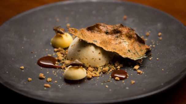 Eating insects: Cricket Caramel Semifreddo with Lime Curd and Betel Leaf Crumb