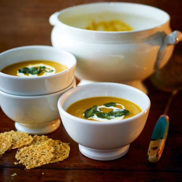 Roasted Pumpkin And Sweet Potato Soup With Parmesan Crisps Recipe