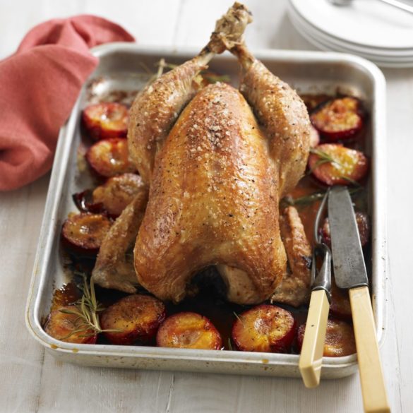 Roast chicken with sticky plums