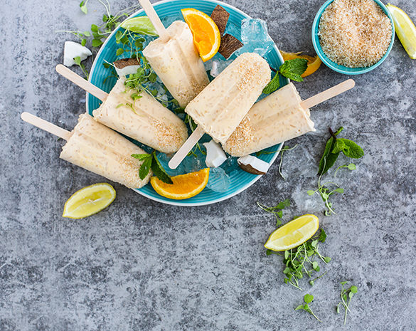 Rice pudding ice lollies with roasted coconut