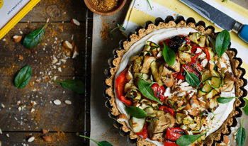 Gluten-free almond tart with whipped ricotta and grilled vegetables