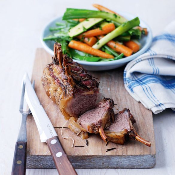 Roast Rack of Lamb with Spring Veg and Hot Herby Dressing Recipe