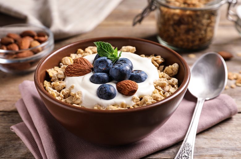 Bowl of muesli with berries and yoghurt