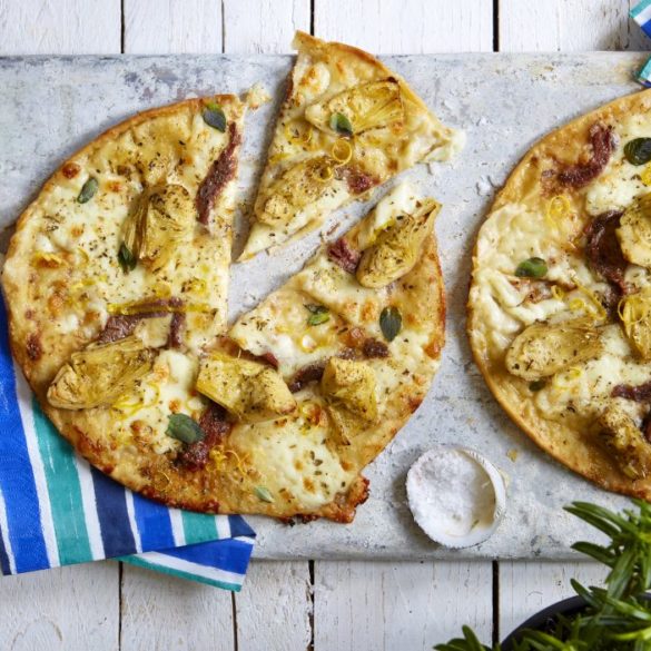 Mozzarella, anchovy and artichoke flatbreads Recipe