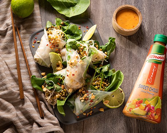 Vietnamese rice-paper spring rolls and rice noodles dressed in Knorr Creamy Sweet Chilli salad dressing