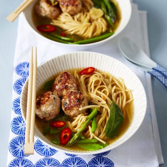 Healthy meatballs in an Asian noodle broth recipe