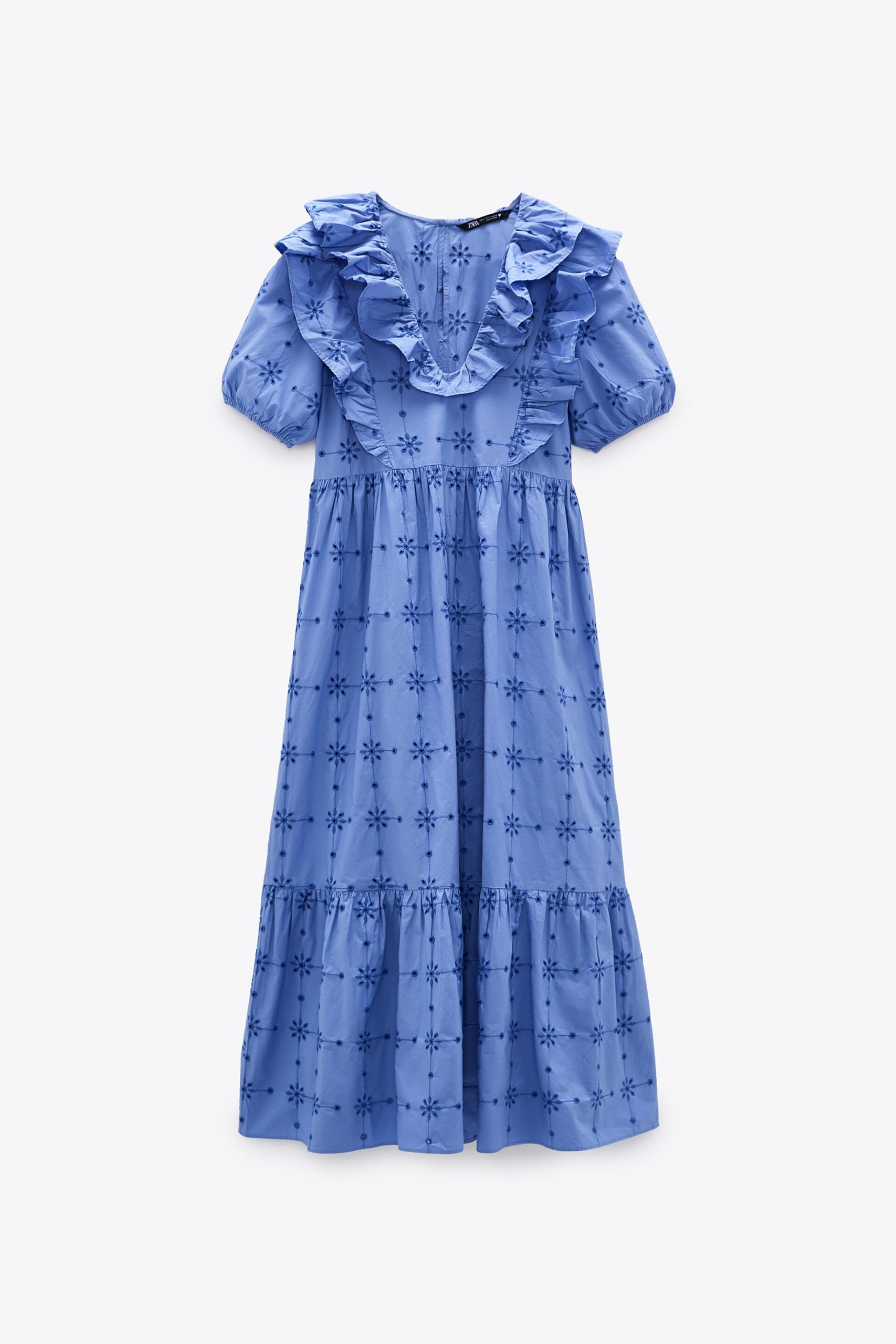 Full-length blue dress with ruffled sleeves and blue floral embroidery