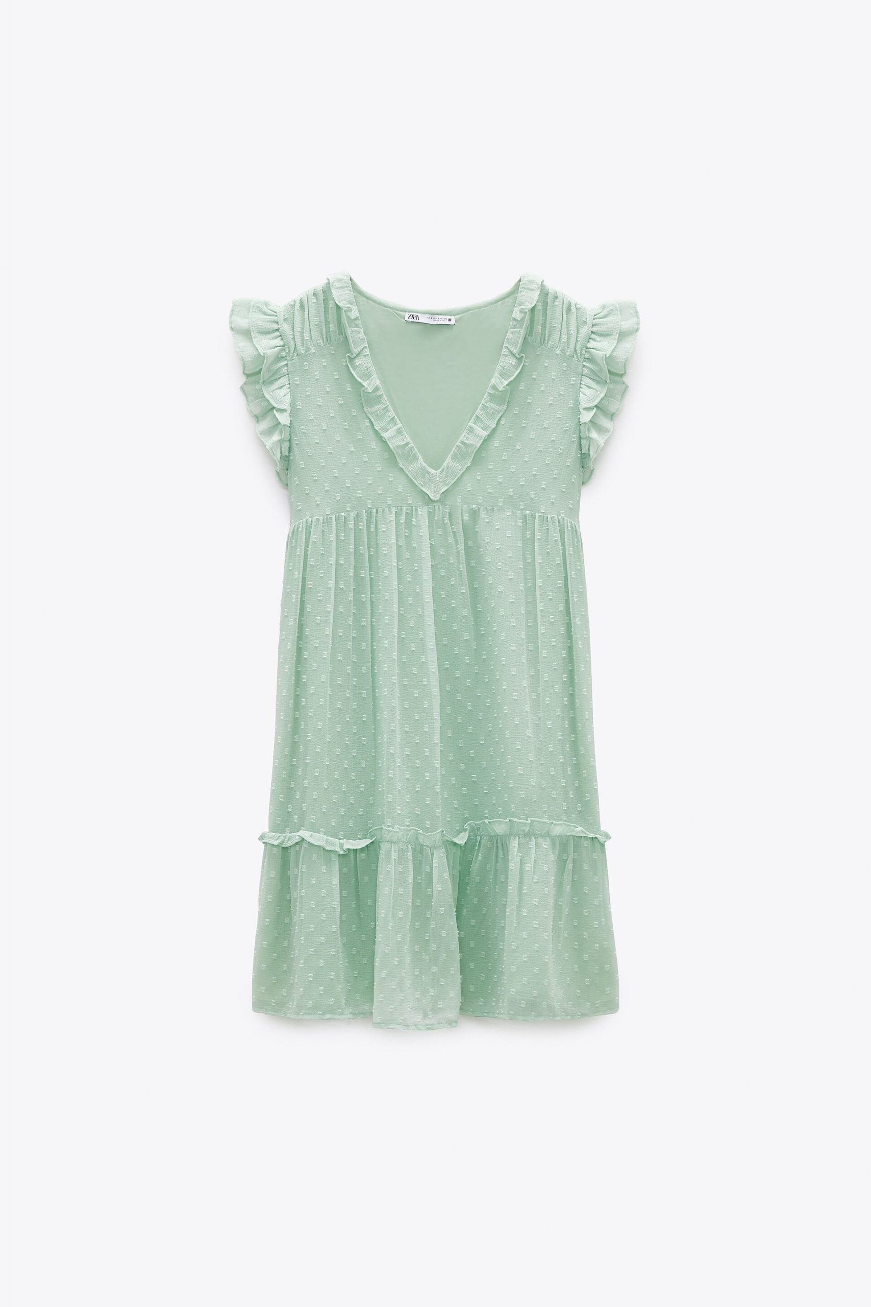 Mid-length mint dress with ruffle v-neck and short ruffled sleeves