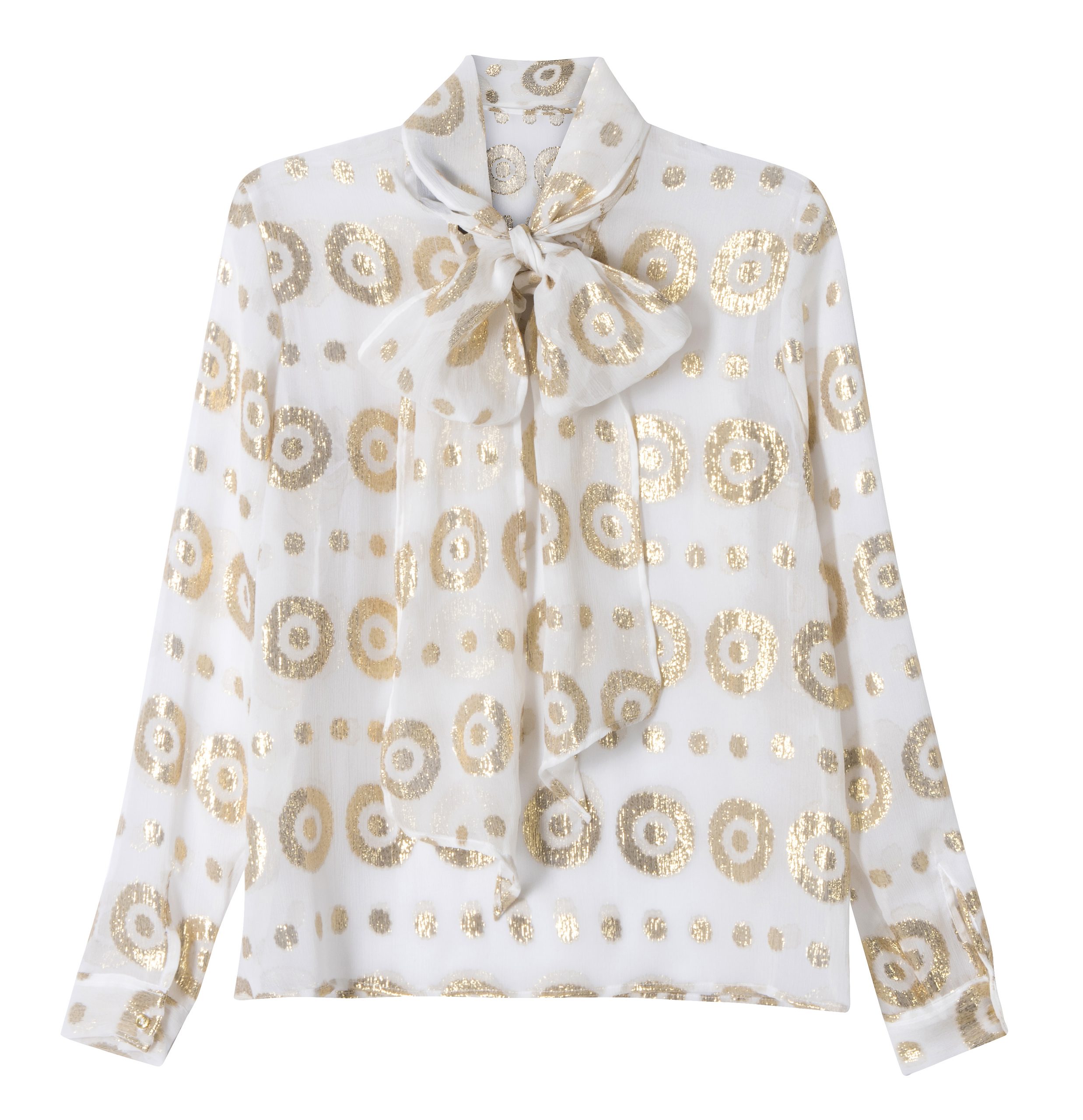 White pussy-bow shirt with gold circular print