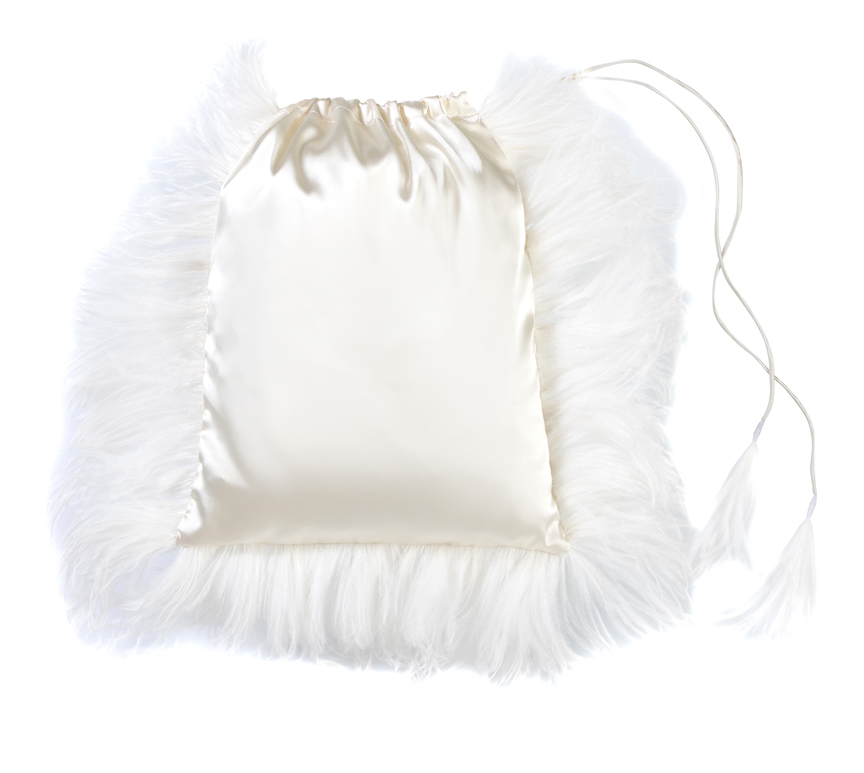 Small satin bag with draw strings and ostrich feather trimming 