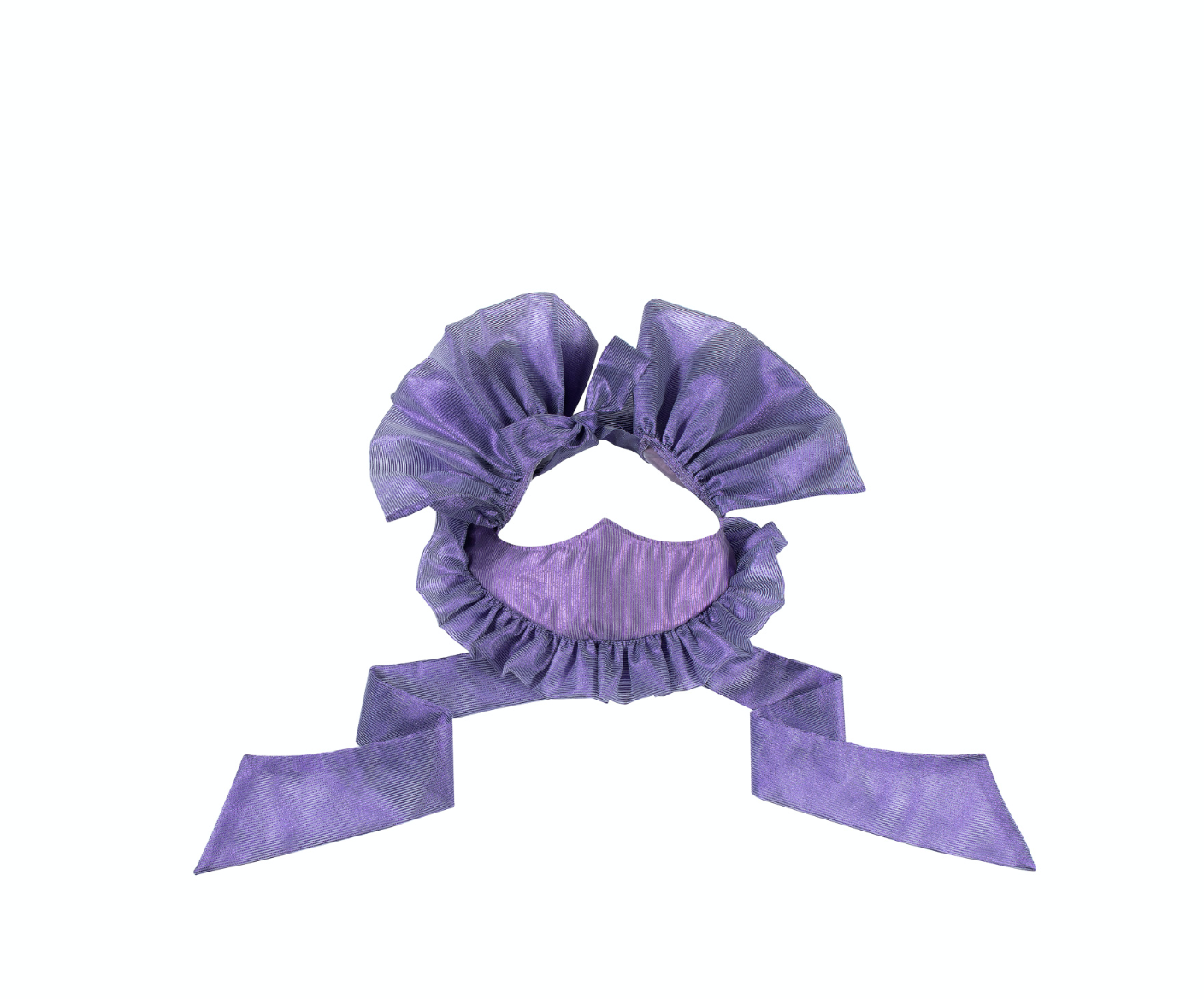 Purple ruffled face mask with large tie ribbons