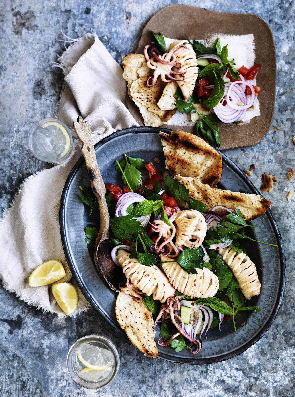 Fattoush and barbecued squid salad Recipe