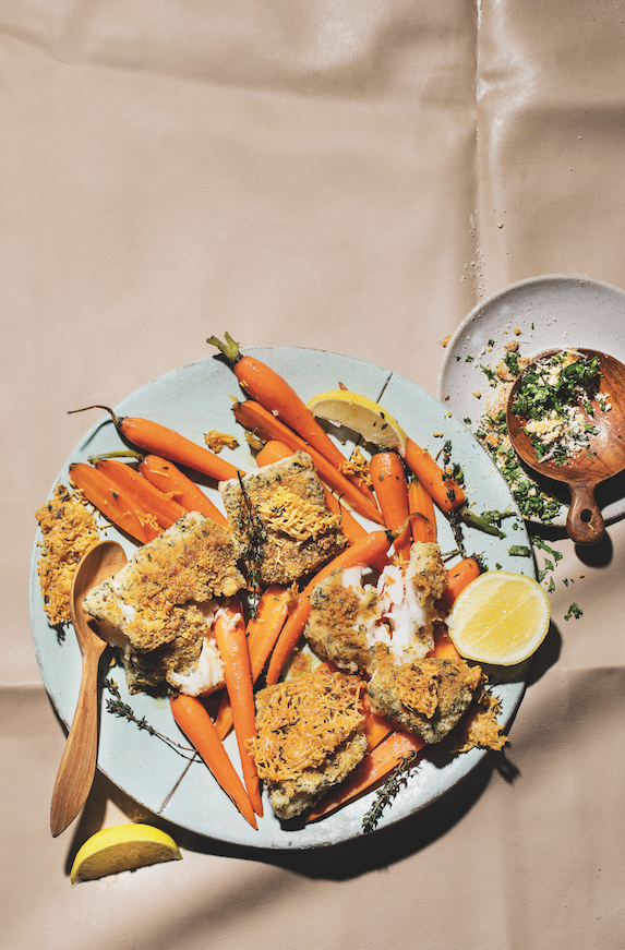 Parmesan crusted hake with glazed carrots