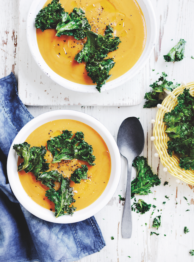 Sweet potato soup with kale chips