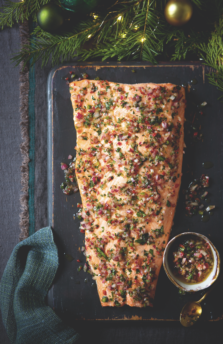 Roast salmon with clementine chimichurri sauce