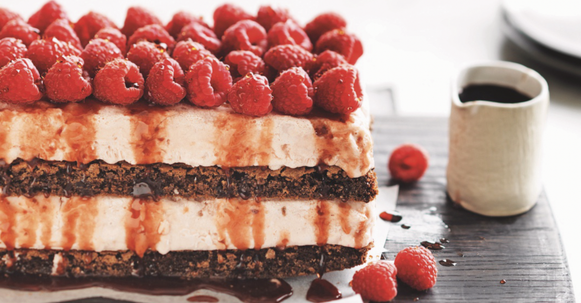 Raspberry ice-cream brownie stack