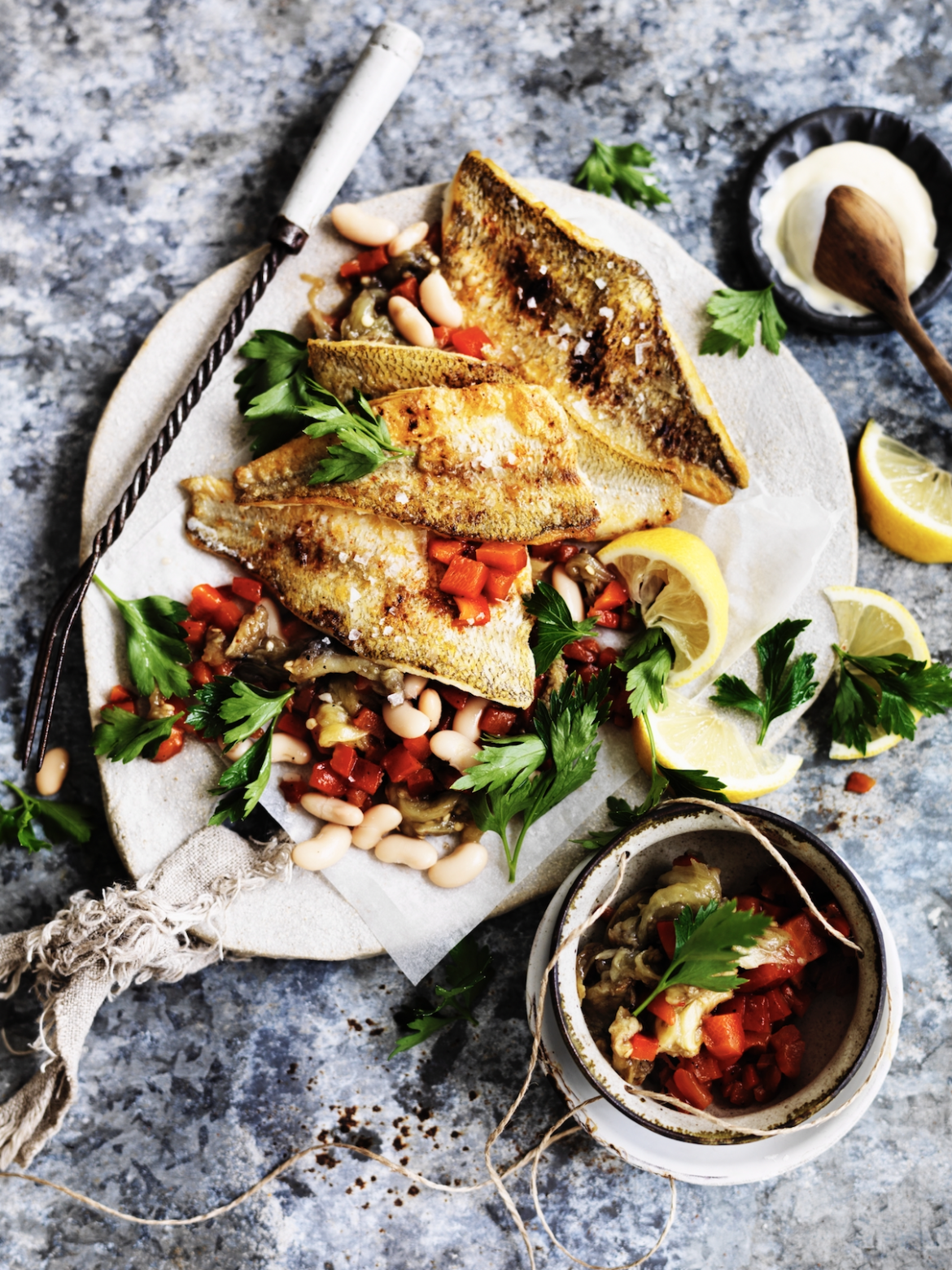 Spanish-style fish with smoky brinjal