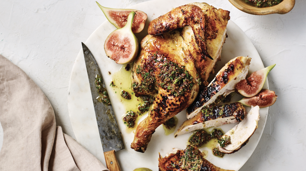 Barbecued Butterflied Chicken with Fig & Olive Anchoiade
