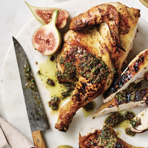 Barbecued Butterflied Chicken with Fig & Olive Anchoiade