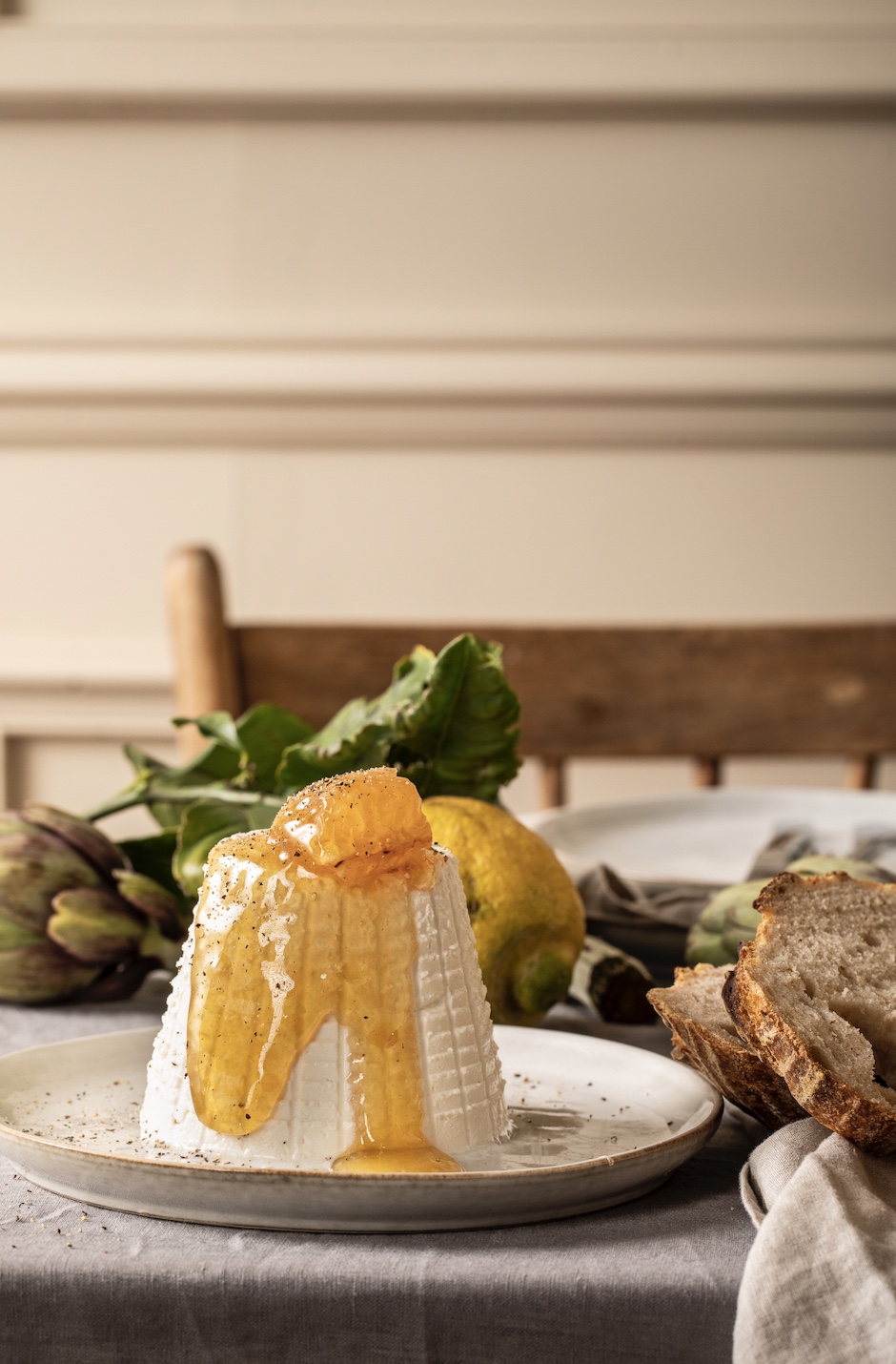 Home-Made Ricotta with Honey, Pepper and Farm-Style Bread Recipe