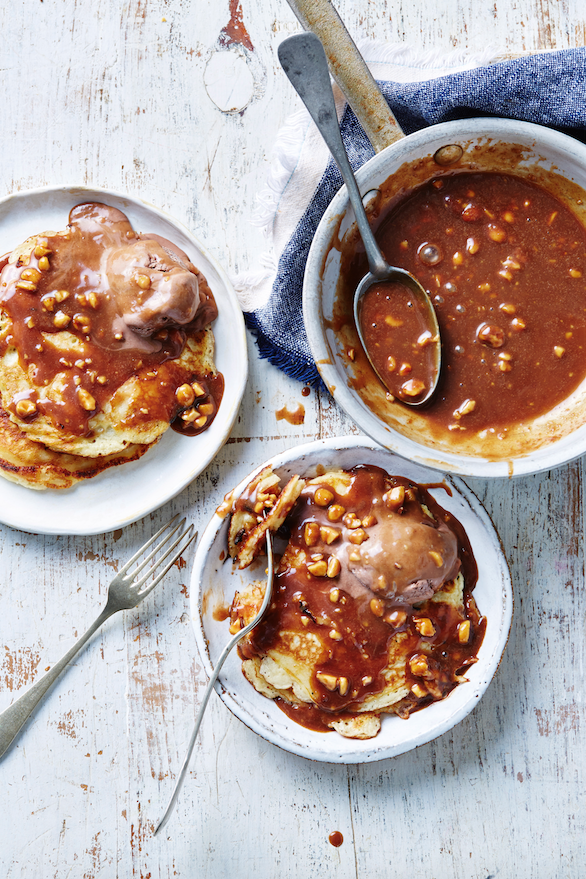 Banana pancakes smothered with Bar-One and peanut sauce