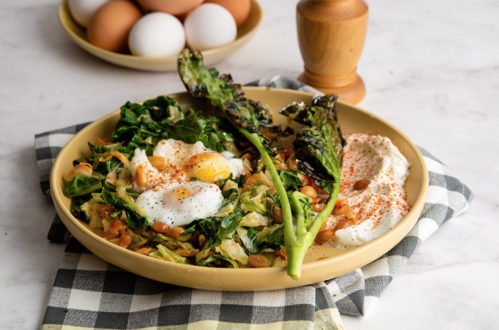 Greens meet poached egg and paprika yoghurt for your healthy lunch treat