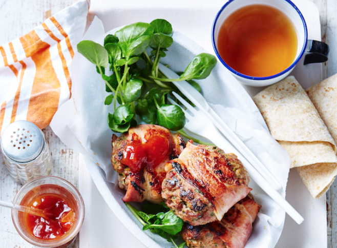 Bacon-wrapped frikkadels and tomato chutney recipe