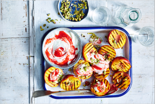 Charred peaches with berry rose water yoghurt