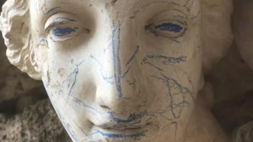 Historic Sabrina statue defaced with bright blue crayon markings