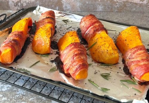 Delicious bacon-wrapped butternut for lunch or supper