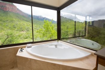 a corner bath with a mountain view