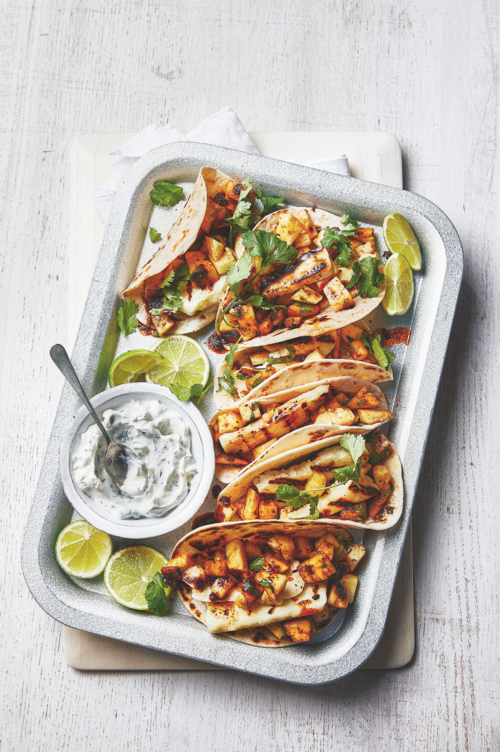 Spicy halloumi and pineapple veggie tacos