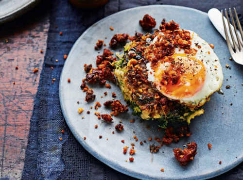 Bubble & squeak with chorizo & eggs