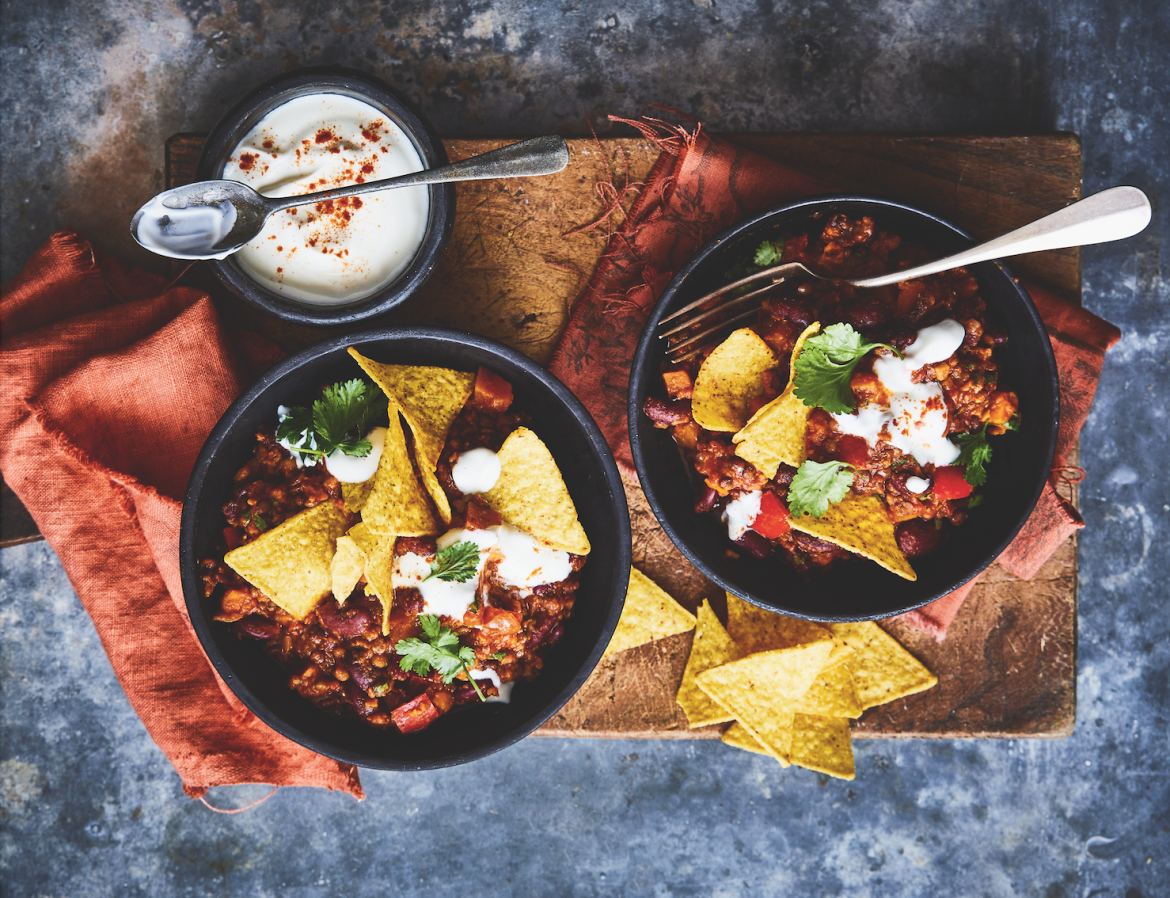 Sweet potato, pepper and lentil chilli