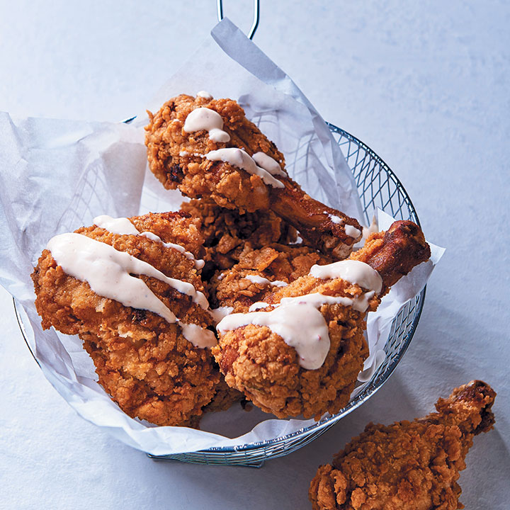 Crunchy fried chicken with amasi and sambal oelek sauce