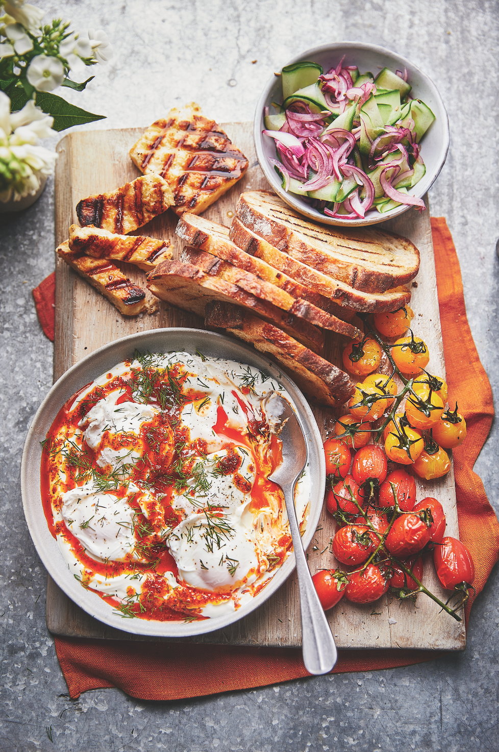 Turkish eggs and halloumi brunch board