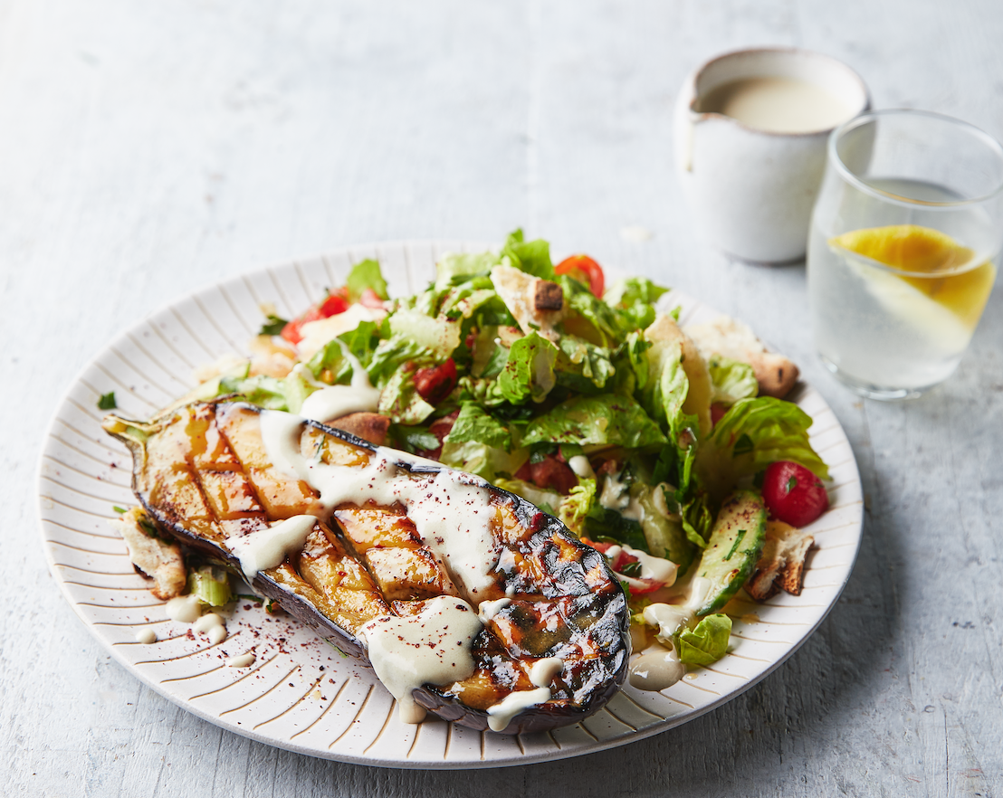 Brinjals with tahini and fattoush salad