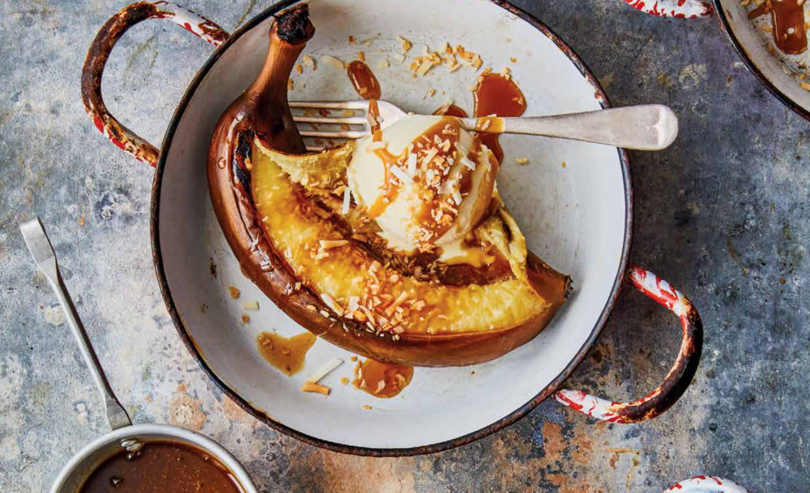 Blackened bananas with ice cream and coconut toffee sauce