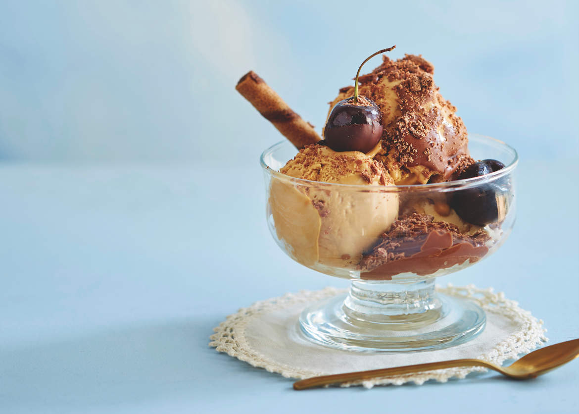 Salted caramel, chocolate and cherry sundaes