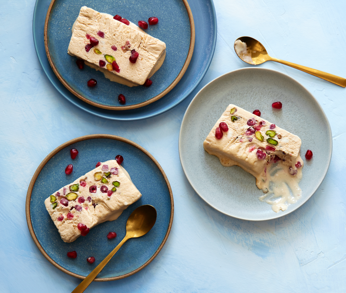 Pomegranate and elderflower semifreddo