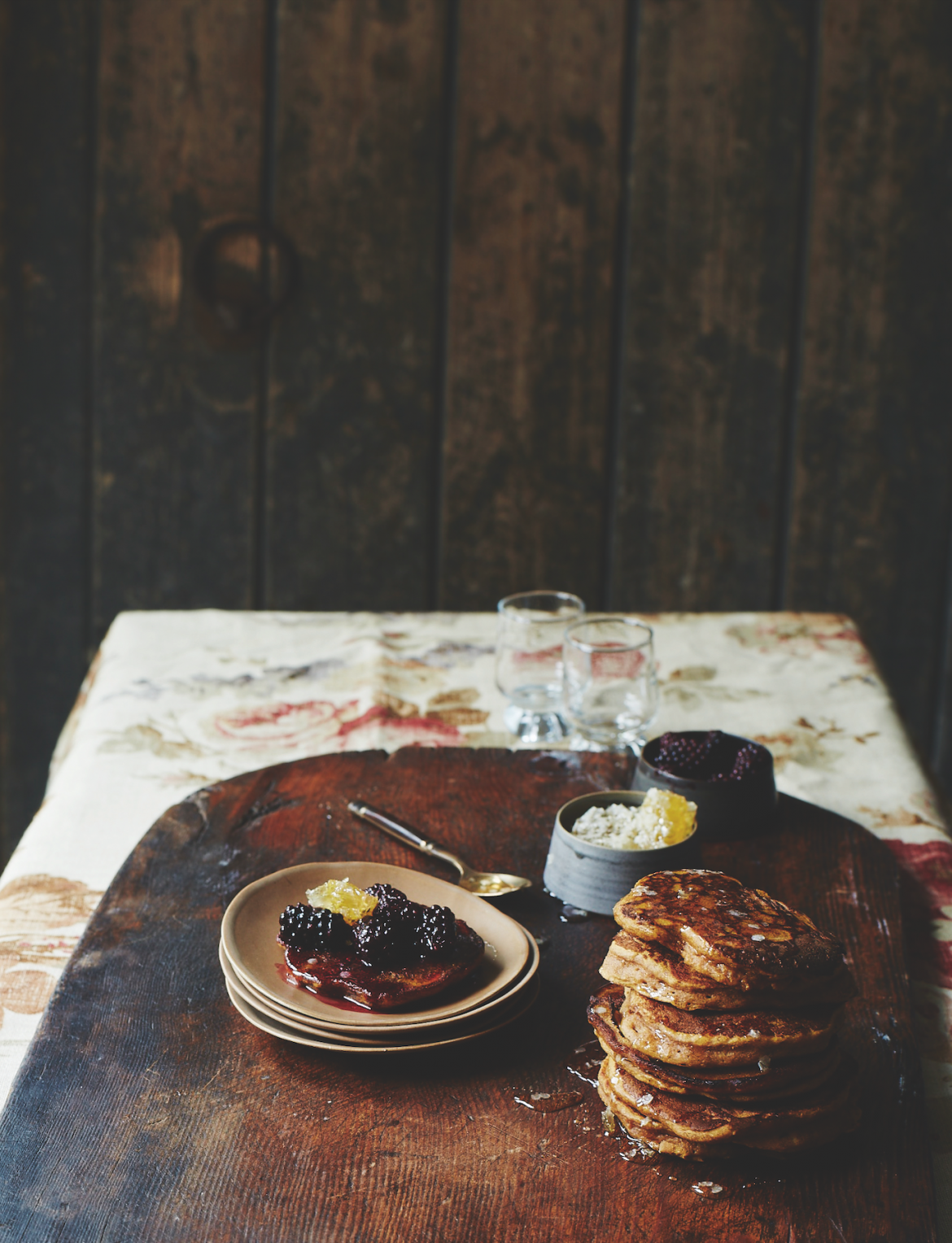 Squash pancakes with blackberries & honeycomb