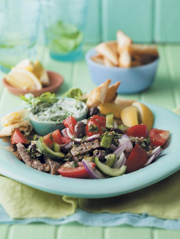 Greek salad with phyllo triangles and tzatziki