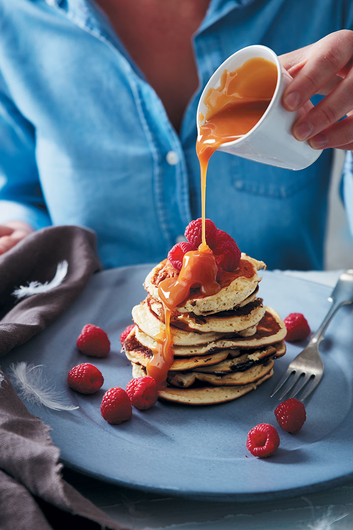 Japanese cotton cheesecake flapjacks with salted butterscotch sauce and raspberries